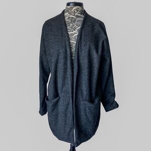 Just Female Long Open Front Wool Blend Lined  Cardigan Blazer Charcoal Gray